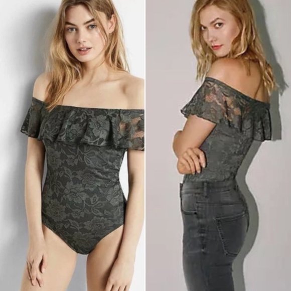 Green Lace Off The Shoulder Thong Bodysuit - Picture 1 of 4